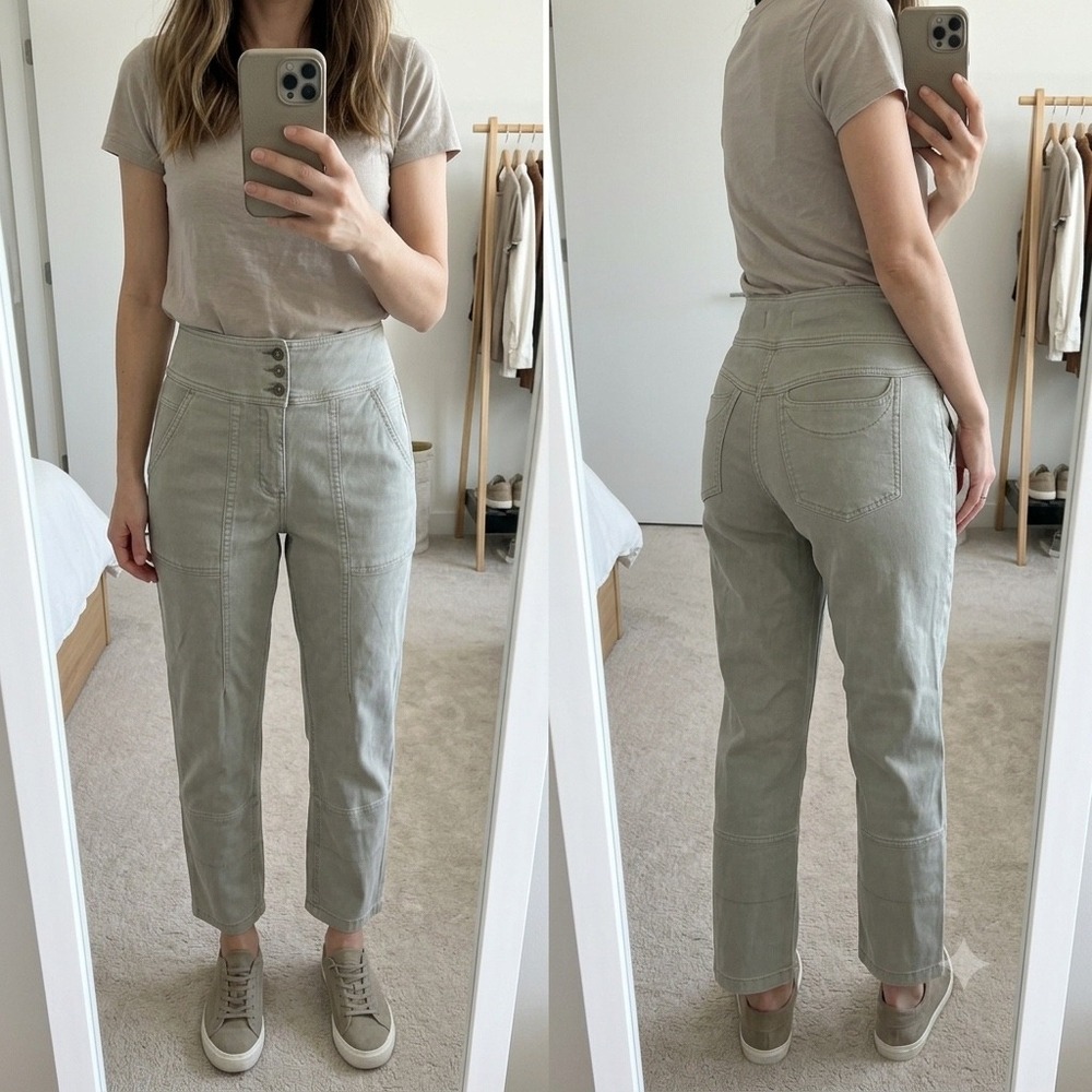 By Anthropologie 2 Sage Green Utility Pants High Rise Button Fly Seam Crop‎